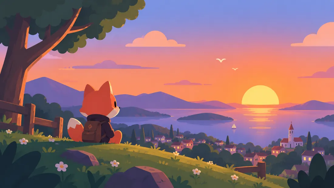 A fox sitting under a tree, looking out over a coastal village at sunset